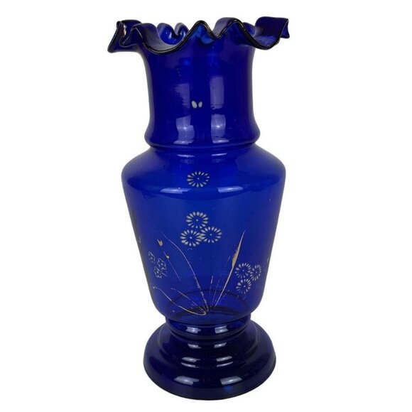 Cobalt Blue Art Glass Vase Hand Painted Flowers Ruffled Edge Vintage - Picture 1 of 7